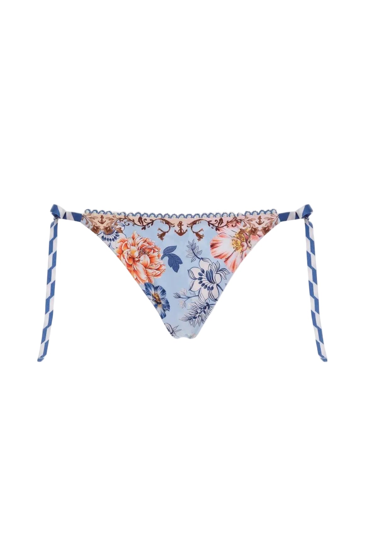 Flat lay of the Agua Bendita Kai Alegria reversible bikini bottom, showcasing the light blue side with a vintage-inspired floral print and hand-beaded trim on the tie-sides.