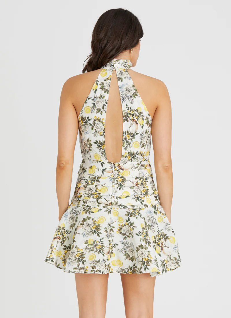 Rear view of a model wearing Aqua Blu Australia Clementine Kaley Mini Dress floral mock halter mini dress.