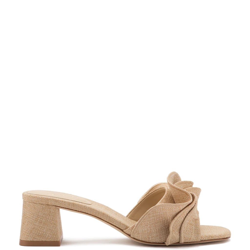 Larroude Larroudé Brigitte Ruffle Mule in Beige Raffia Endless Waves