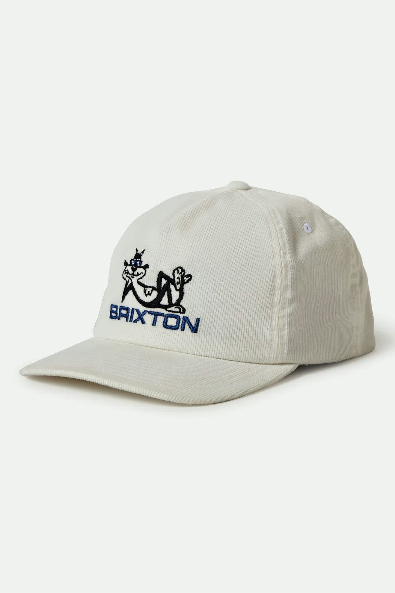 Brixton Cool Cat Snapback in Whitecap featuring a custom embroidered lounging cat graphic on a structured 5-panel off-white crown.