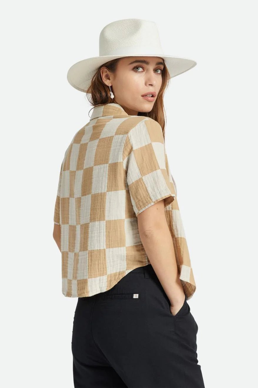 Side/ rear view of the Brixton Women's Mykonos Boxy Short Sleeve Shirt - Endless Waves