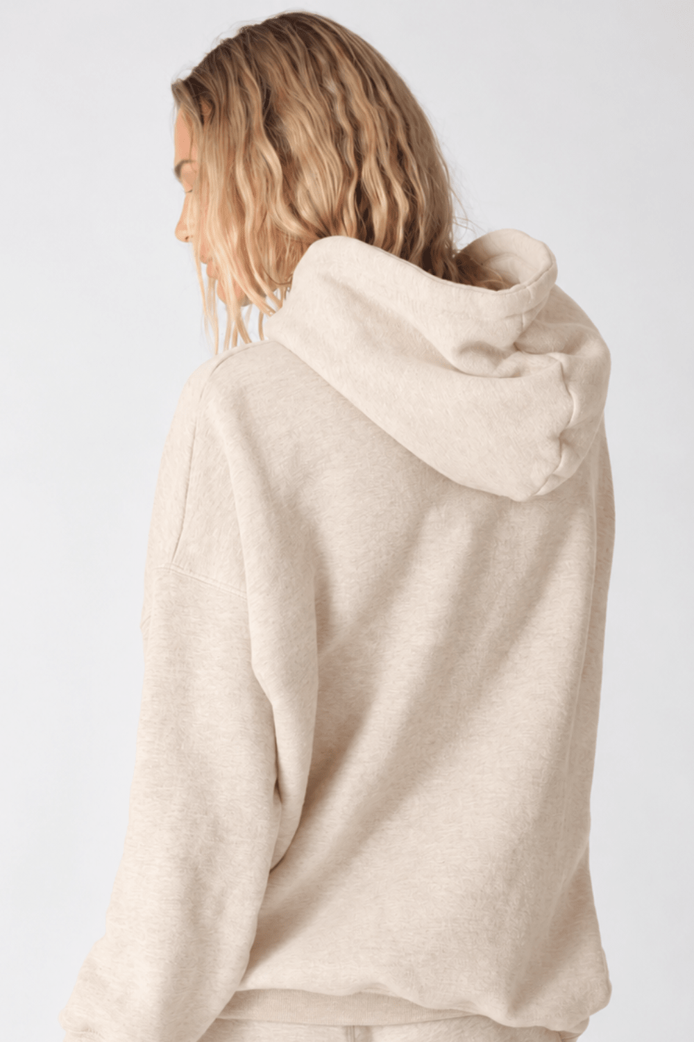 Rear view of Electric & Rose Taylor hoodie in oatmeal fleece