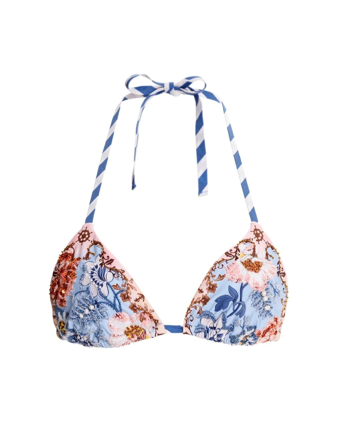 Flat lay of the Agua Bendita Kai Lolita bikini top, showcasing the intricate blue and orange hand-embroidered floral patterns and blue-and-white striped adjustable straps.