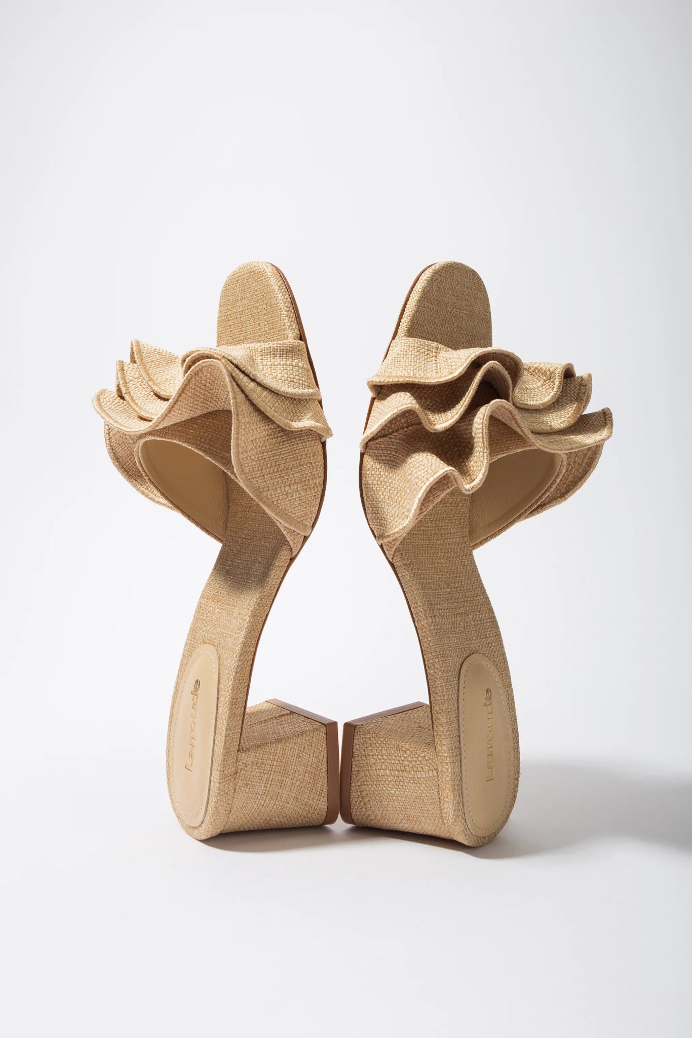 Larroude Larroudé Brigitte Ruffle Mule in Beige Raffia Endless Waves