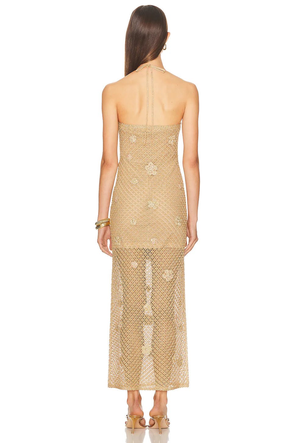 Back view of the LoveShackFancy Vreya metallic dress featuring an open back and adjustable halter tie-up closure.