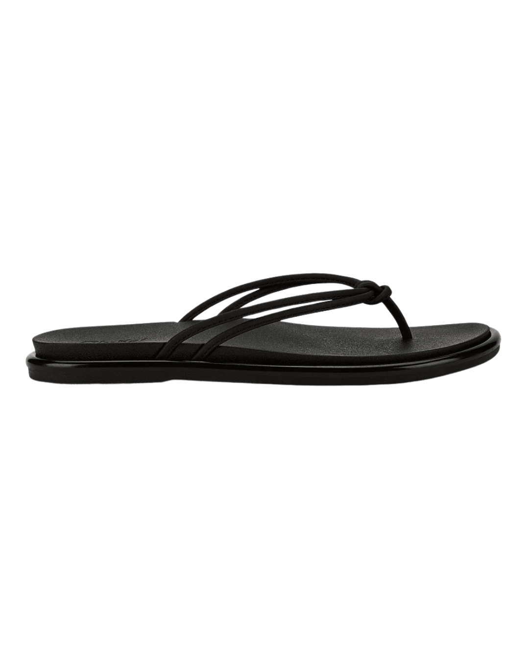 A single black flat thong sandal with multiple thin straps and a knotted detail, shown in profile against a plain white background.