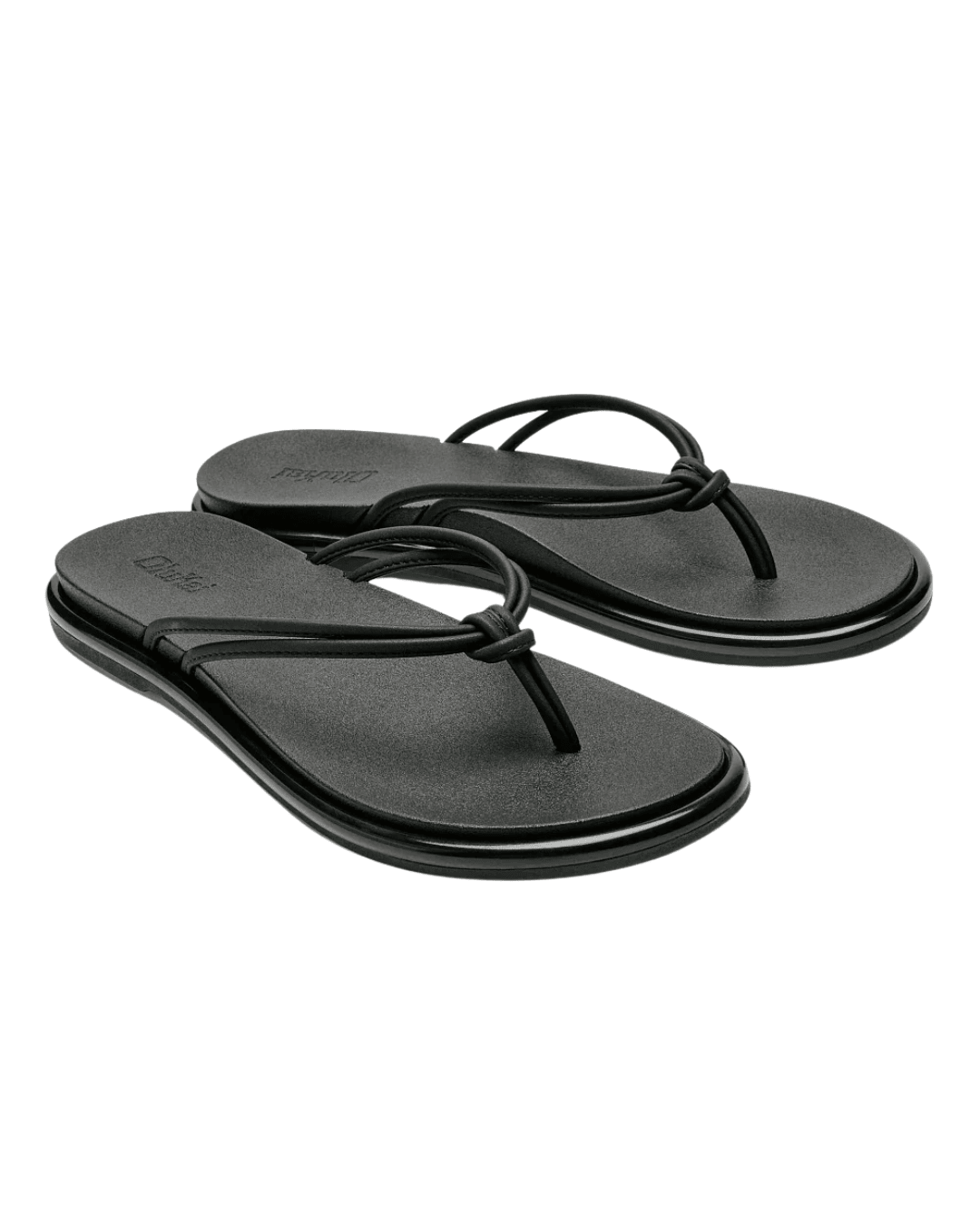 A pair of black leather flip-flops with a double-strap design and a low-profile sole, shown on a plain white background.