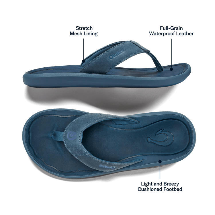 OluKai Men's Pili Waterproof Leather Flip Flops - Endless Waves