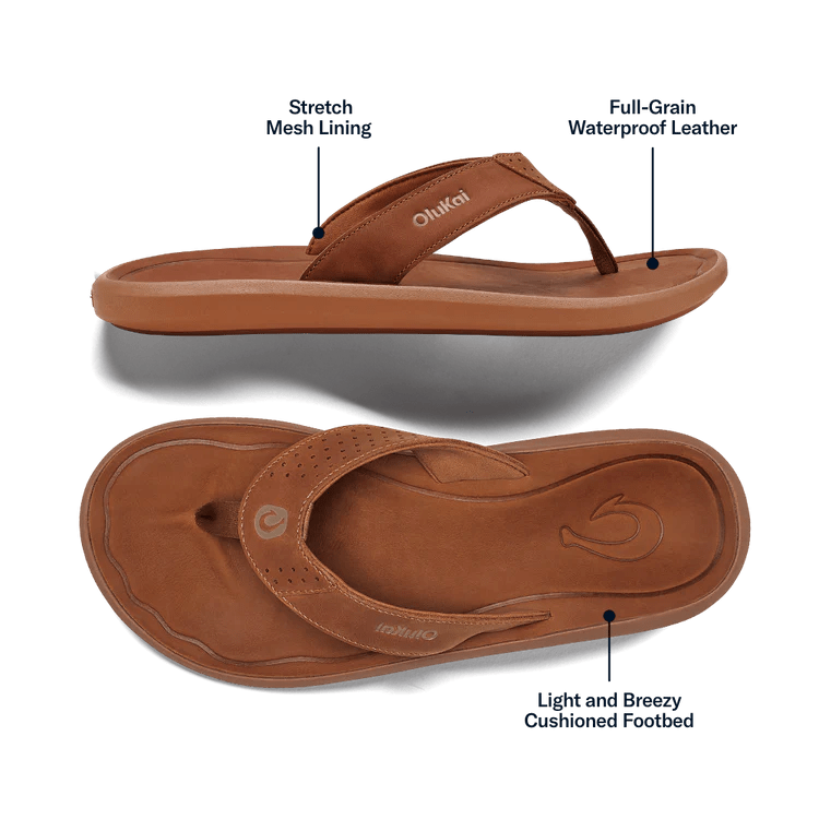 OluKai Men's Pili Waterproof Leather Flip Flops - Endless Waves