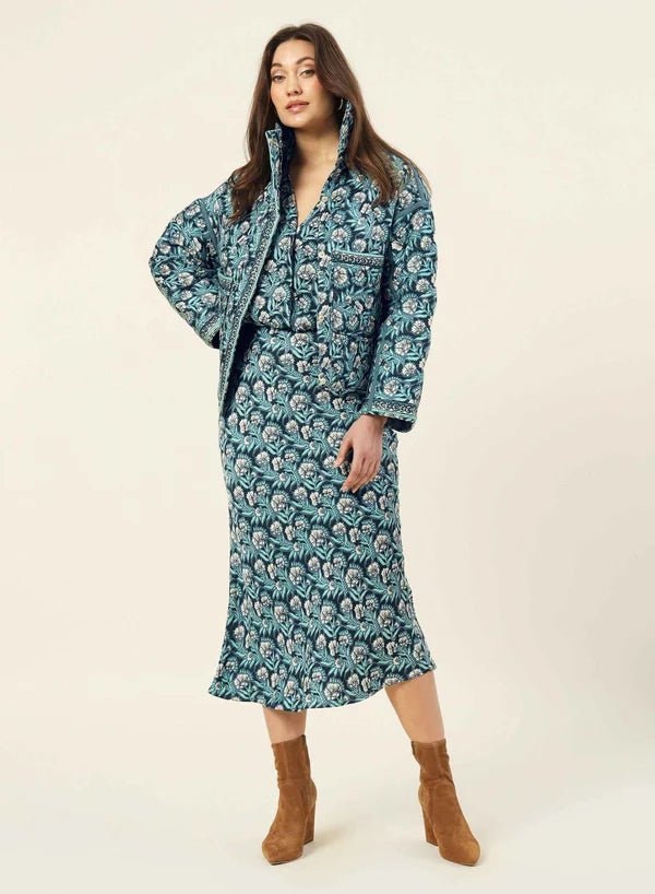 Woman wearing the Omika Karima Jacket in Margo Brook Available at Endless Waves Boutique in Asbury Park, NJ