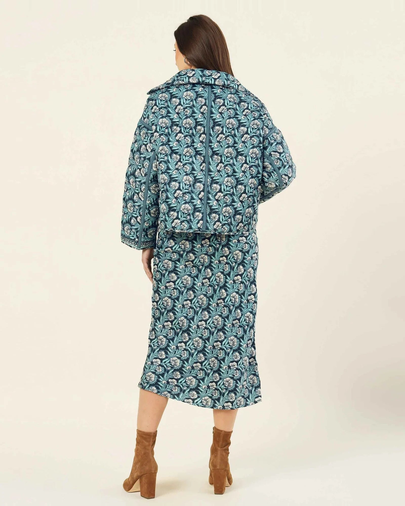 Back view of a woman wearing the Omika Karima Jacket in Margo Brook Available at Endless Waves Boutique in Asbury Park, NJ