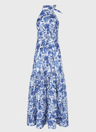 Aqua Blu Australia Azalea Zoe Dress in blue floral print with halter neckline and maxi skirt