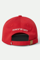Rear view of the red Brixton Running On Empty hat featuring white 'RUNNIN' ON EMPTY' embroidery above the adjustable brass buckle strap.