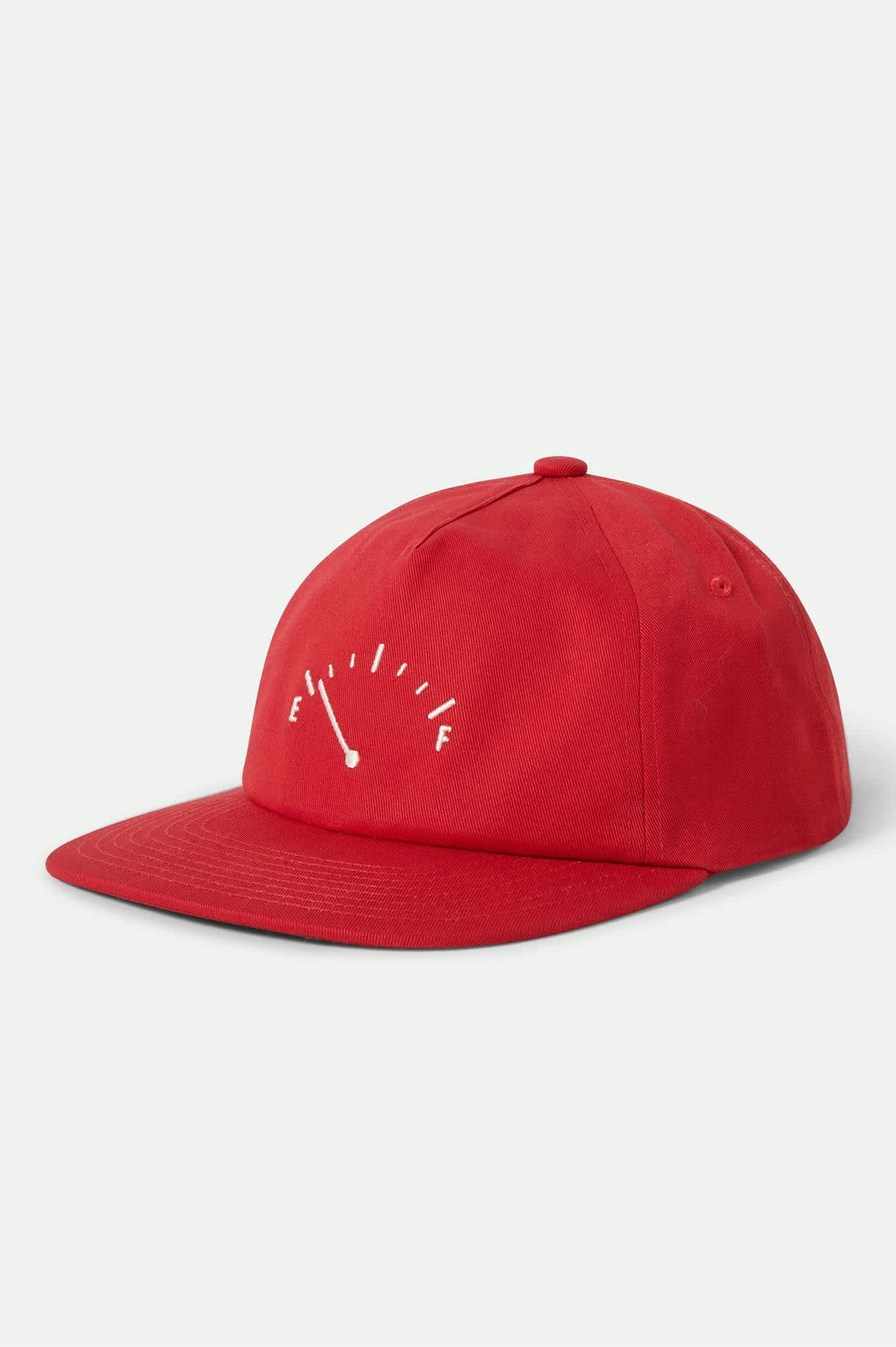 Front view of the Brixton Running On Empty Hat in Red, featuring a custom white fuel gauge embroidery and a Bureo NetPlus® recycled visor.