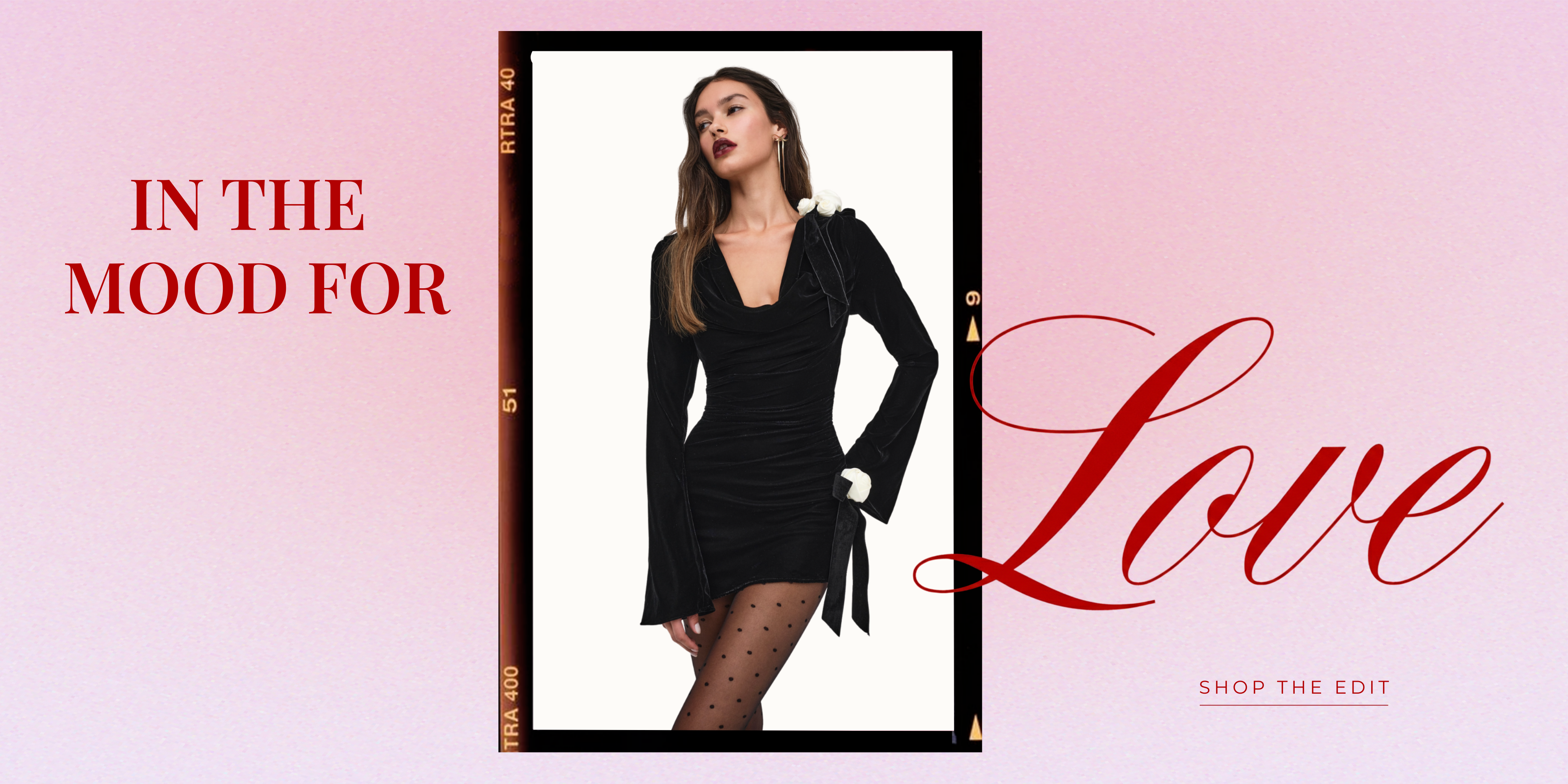 Woman in a black dress with 'In the Mood for Love' text on a pink background and CTA to Shop the Edit.