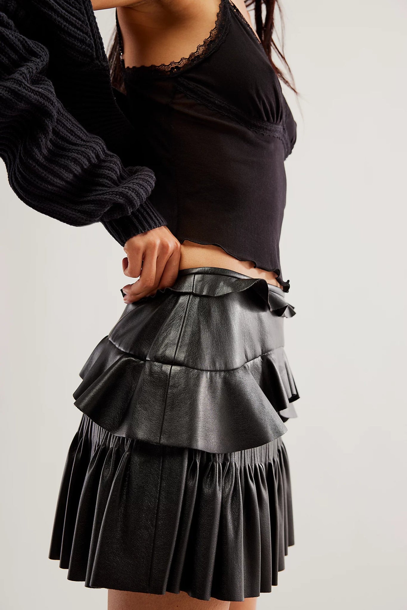 Side profile of the LoveShackFancy Vegan Leather Eli Skirt available at Endless Waves Boutique