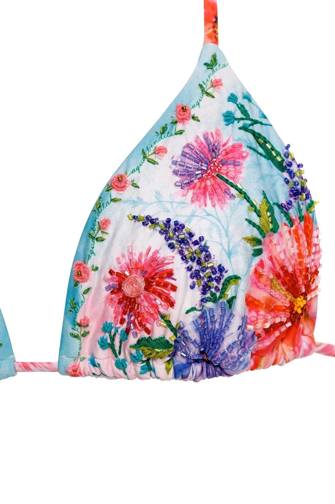Detailed view of the artisan hand-beading and custom embroidery on the Chroma Lolita bikini, highlighting the premium craftsmanship and vibrant floral textures.