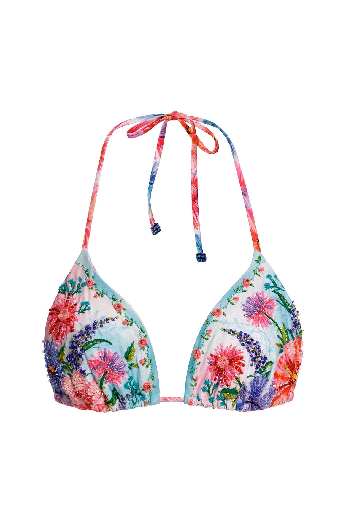 Flat lay view of the Agua Bendita Chroma Lolita Bikini Top, showcasing the triangle slider cups with vibrant hand-beaded floral embroidery and adjustable halter ties against a white background.