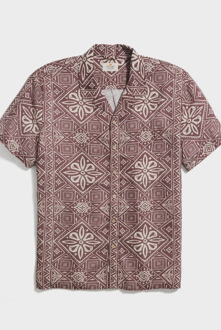 Archive Linen Resort Shirt in Brown Block Print - Endless Waves