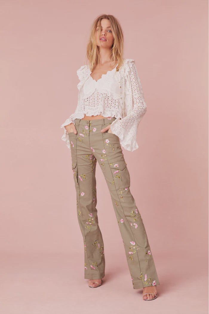 LoveShackFancy LoveShackFancy Atworth Cargo Embroidered Pant Endless Waves