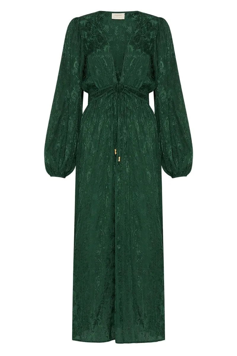 Flat lay view of the Auguste The Label Kaia Midi Dress in Emerald Green on a white background, highlighting the V-neckline and front-tie detail - Endless Waves