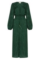 Flat lay view of the Auguste The Label Kaia Midi Dress in Emerald Green on a white background, highlighting the V-neckline and front-tie detail - Endless Waves