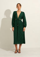 Front view of the Auguste The Label Kaia Midi Dress in Emerald Green, featuring a deep V-neckline, front-tie detail, and long sweeping sleeves - Endless Waves