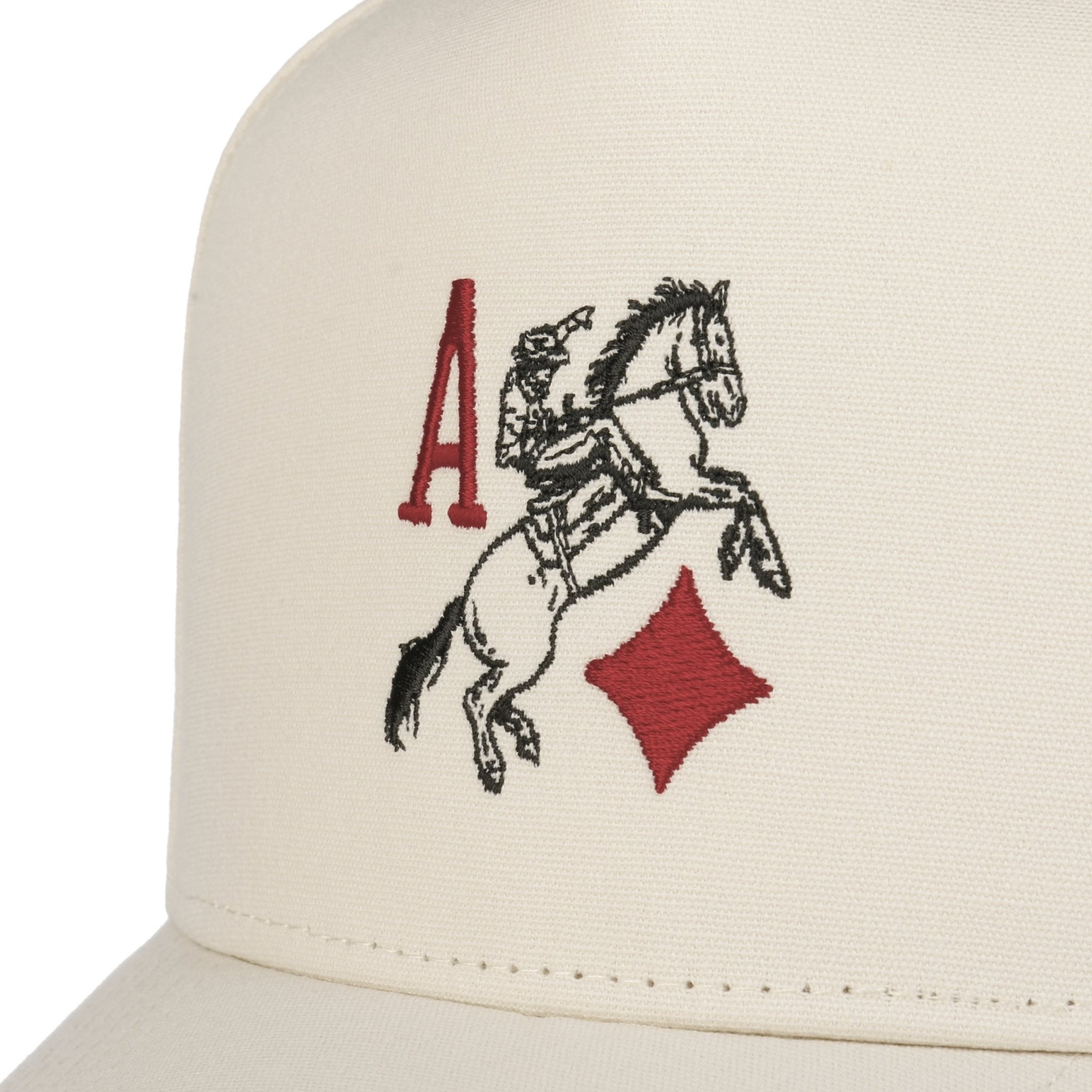 Front view of the Brixton Aces men's snapback hat in off-white organic cotton, featuring a high-profile crown and red and black playing card embroidery.