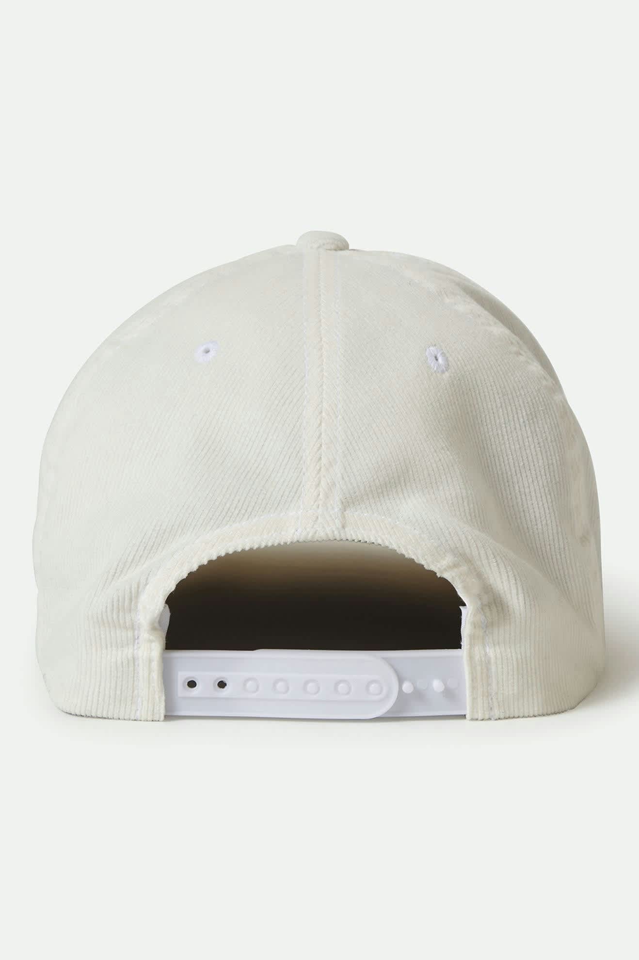 Rear view of the Brixton Cool Cat Snapback in Whitecap showing the adjustable plastic snapback closure and structured 5-panel construction.