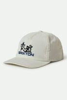Brixton Cool Cat Snapback in Whitecap featuring a custom embroidered lounging cat graphic on a structured 5-panel off-white crown.