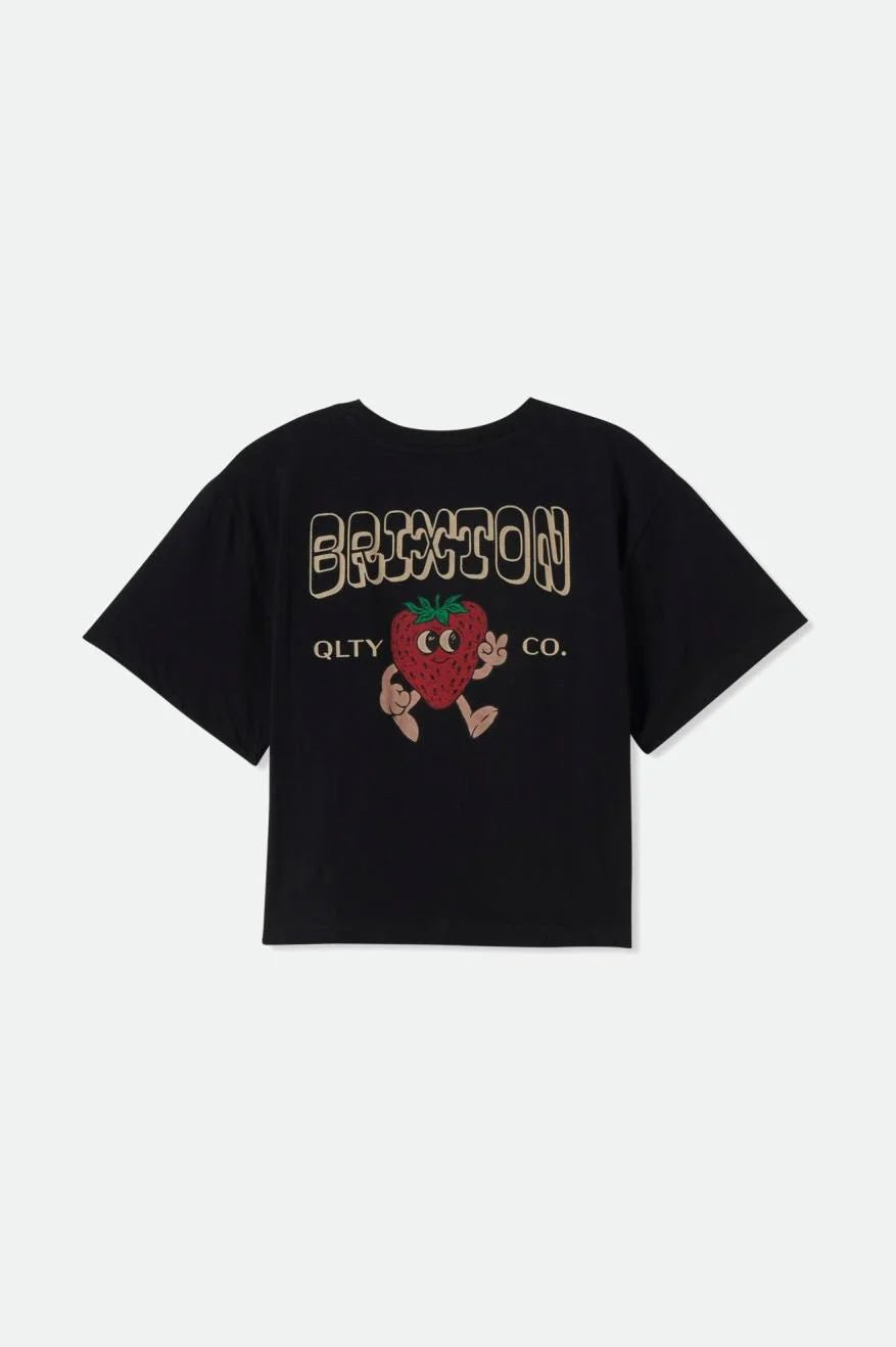 Black Brixton Short Cake Boxy T-shirt featuring a strawberry graphic and cropped fit.