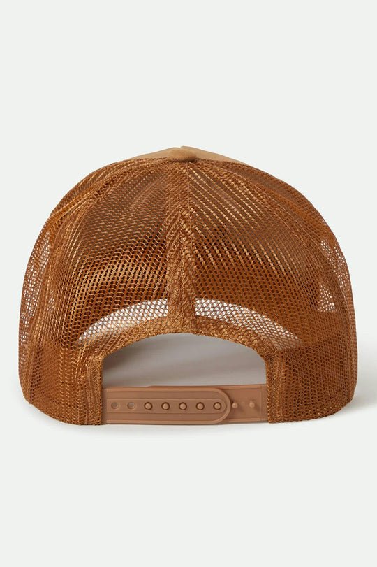 Rear view of the Brixton Stride Trucker Hat in Washed Copper, showing the breathable brown mesh back and adjustable plastic snapback closure.