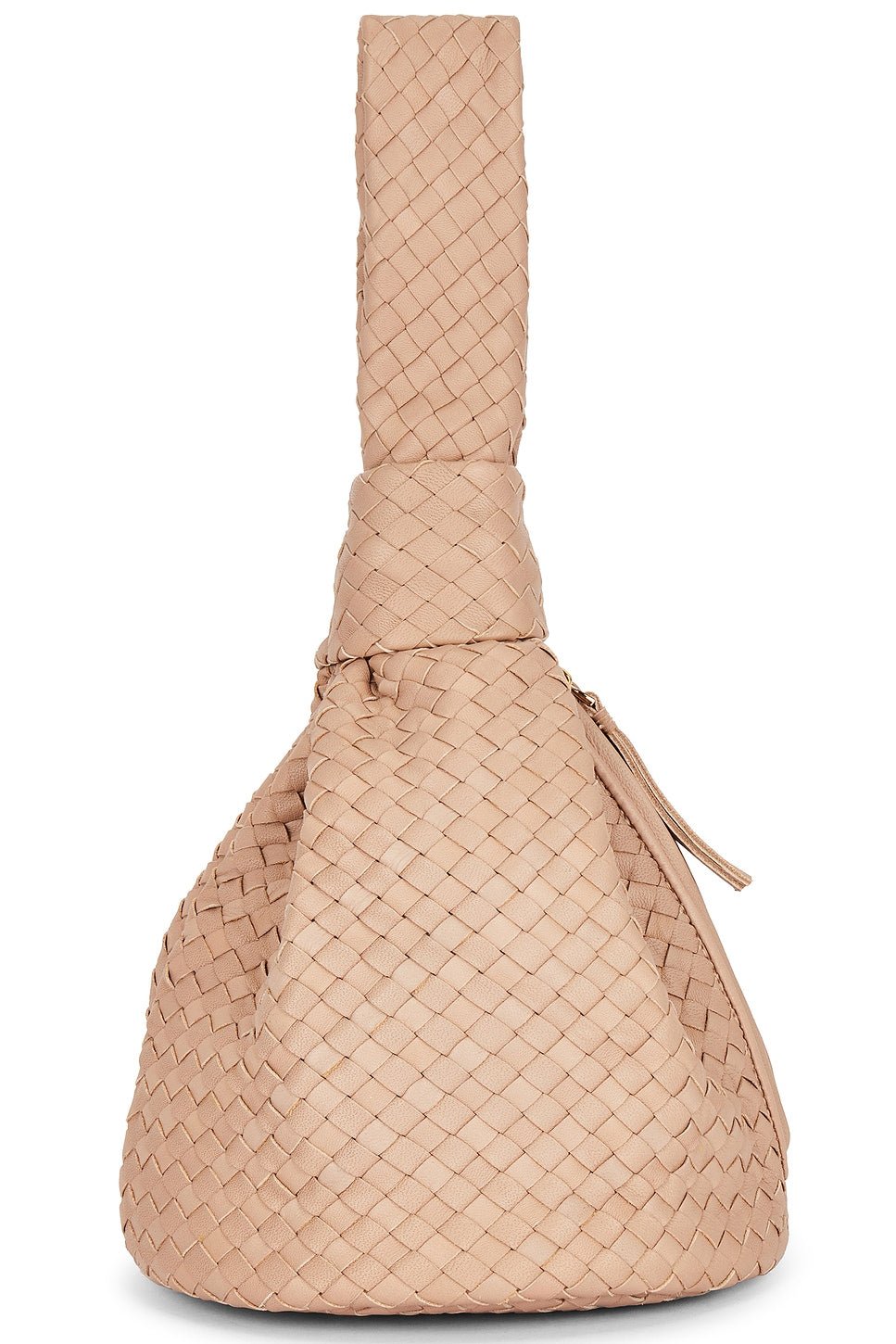 Back view of the Bone Cleobella Celine Woven Handbag showing the hand-braided leather and side zip closure.