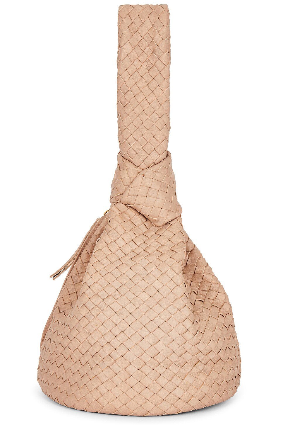 View of the Bone Cleobella Celine Woven Handbag showing the hand-braided leather and top knot handle.