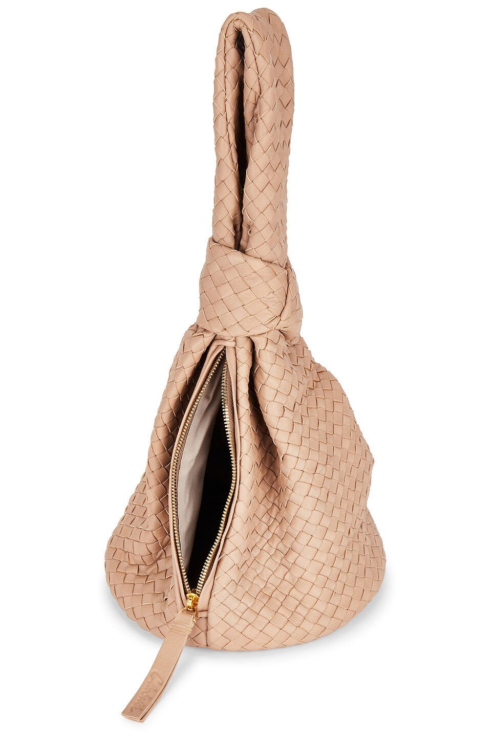 Detail view of the Bone Cleobella Celine Woven Handbag showing the hand-braided leather and side zip.
