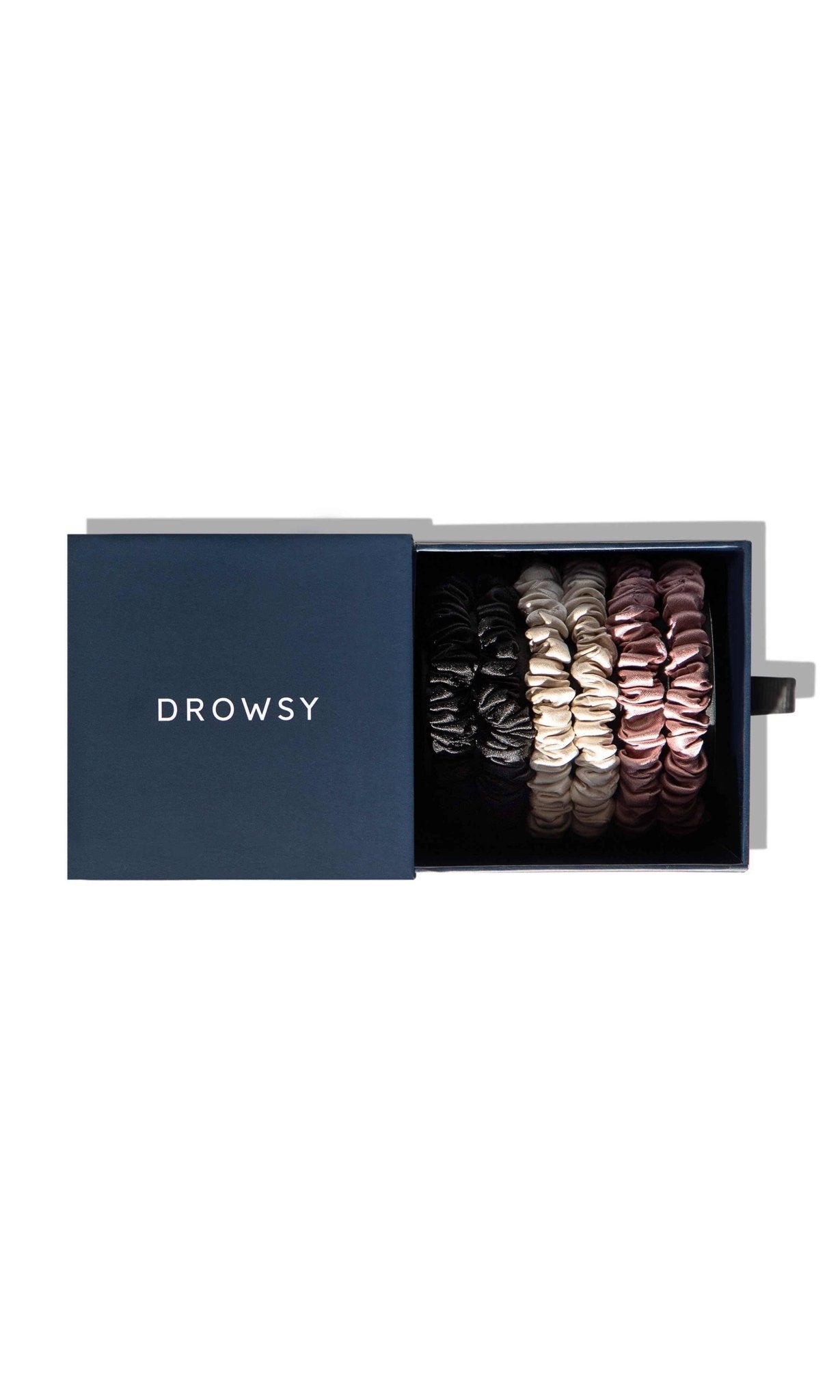 Drowsy skinny silk hair tie set in an open box.