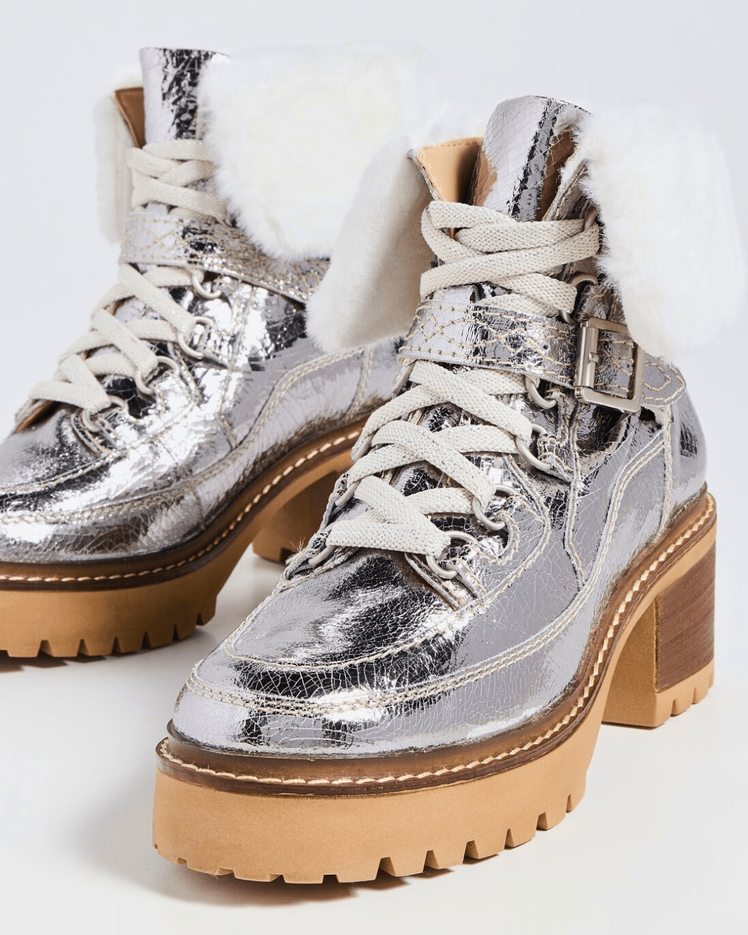 Free People Cozy Jasper Hiker Ankle Boot in Pale Pewter metallic leather with faux shearling trim.