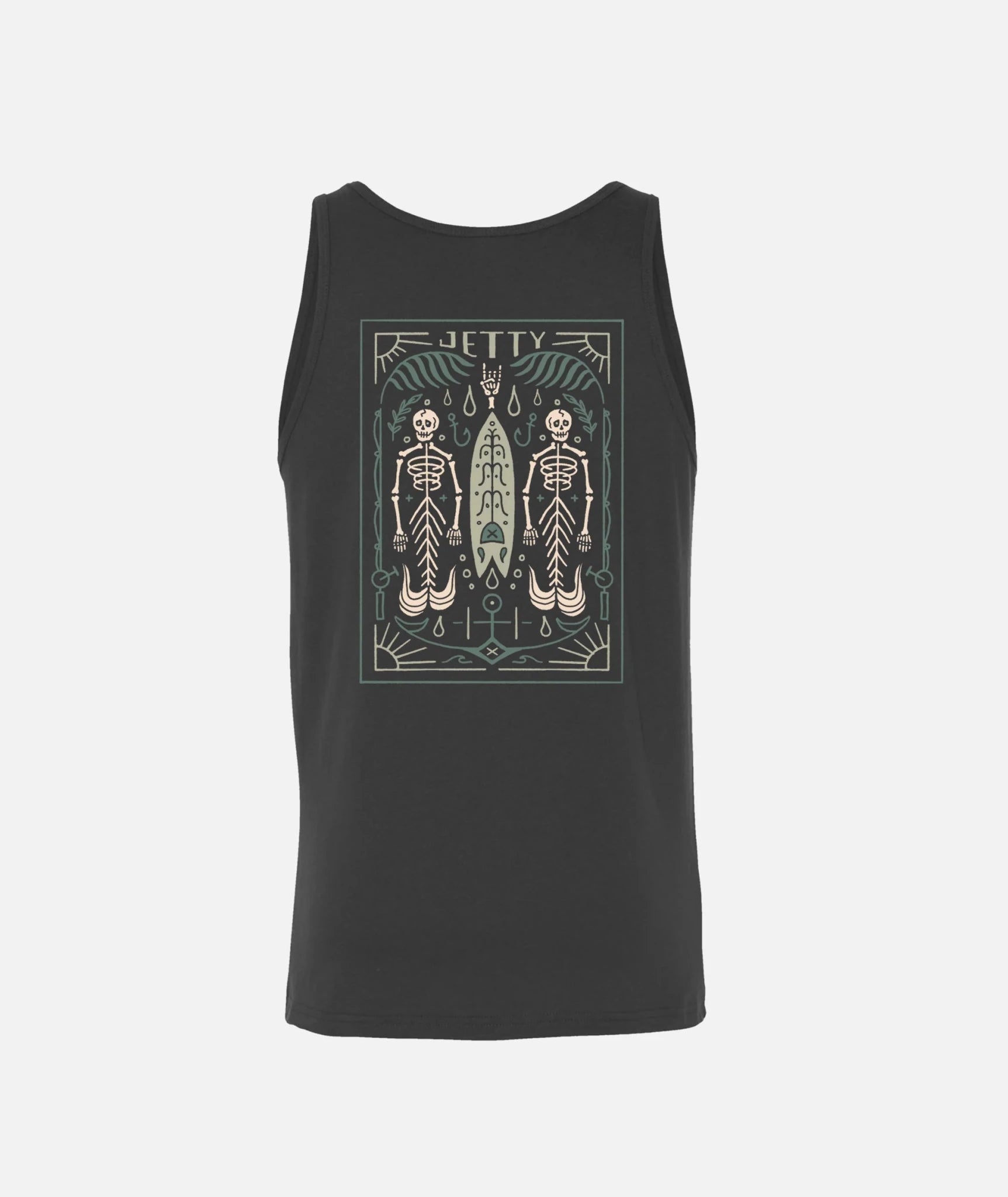 Jetty men's charcoal grey tank top with a custom graphic design.