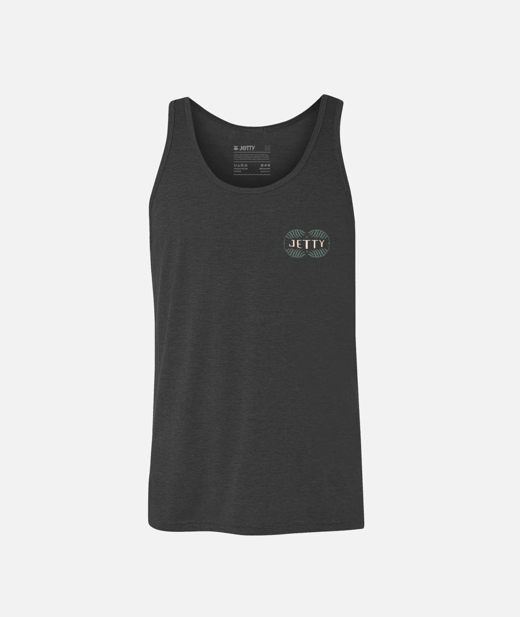 Charcoal Jetty men's tank top with 'Jetty Supply' logo on a white background