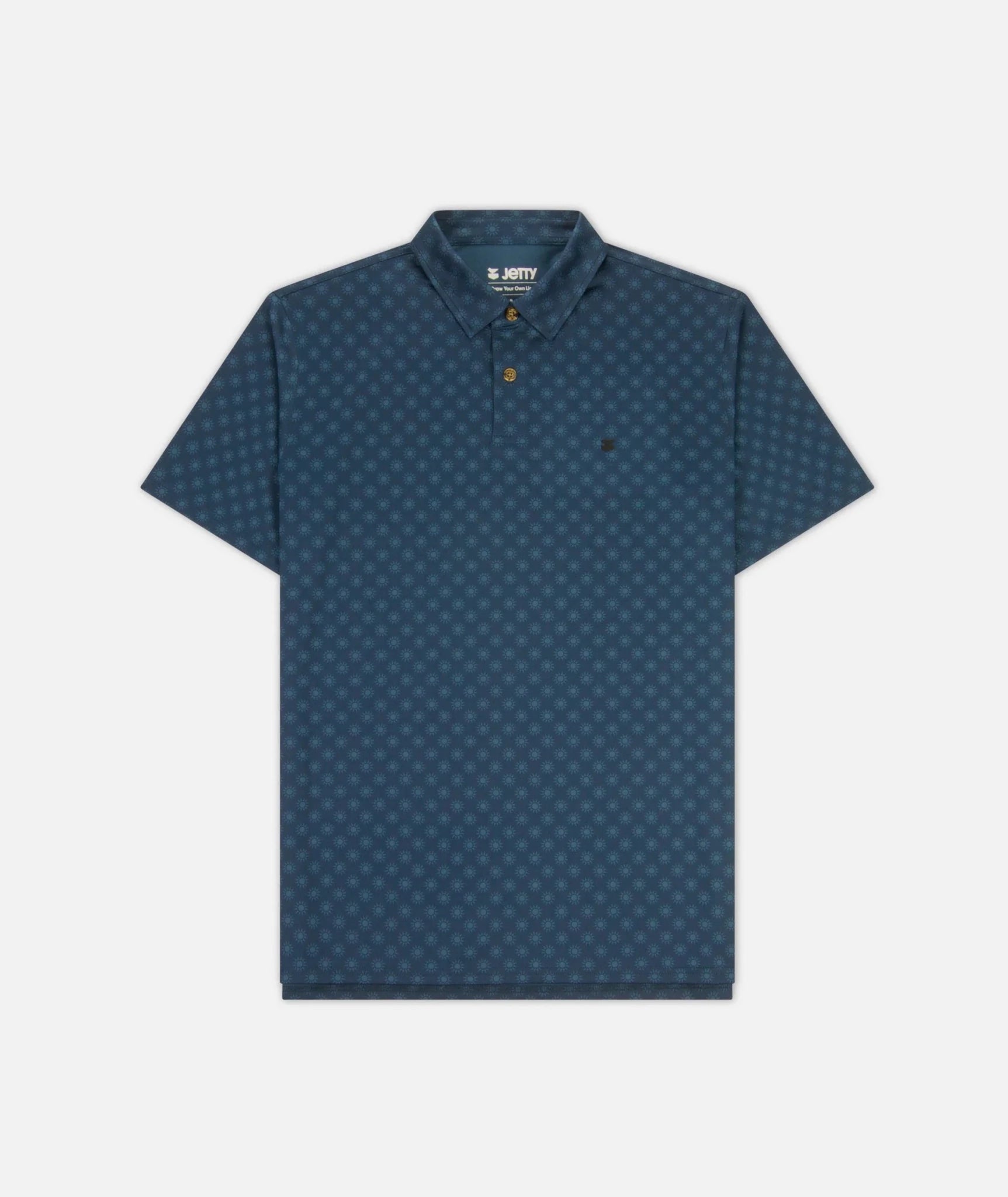 Blue patterned Jetty Bunker Polo shirt on a light gray background