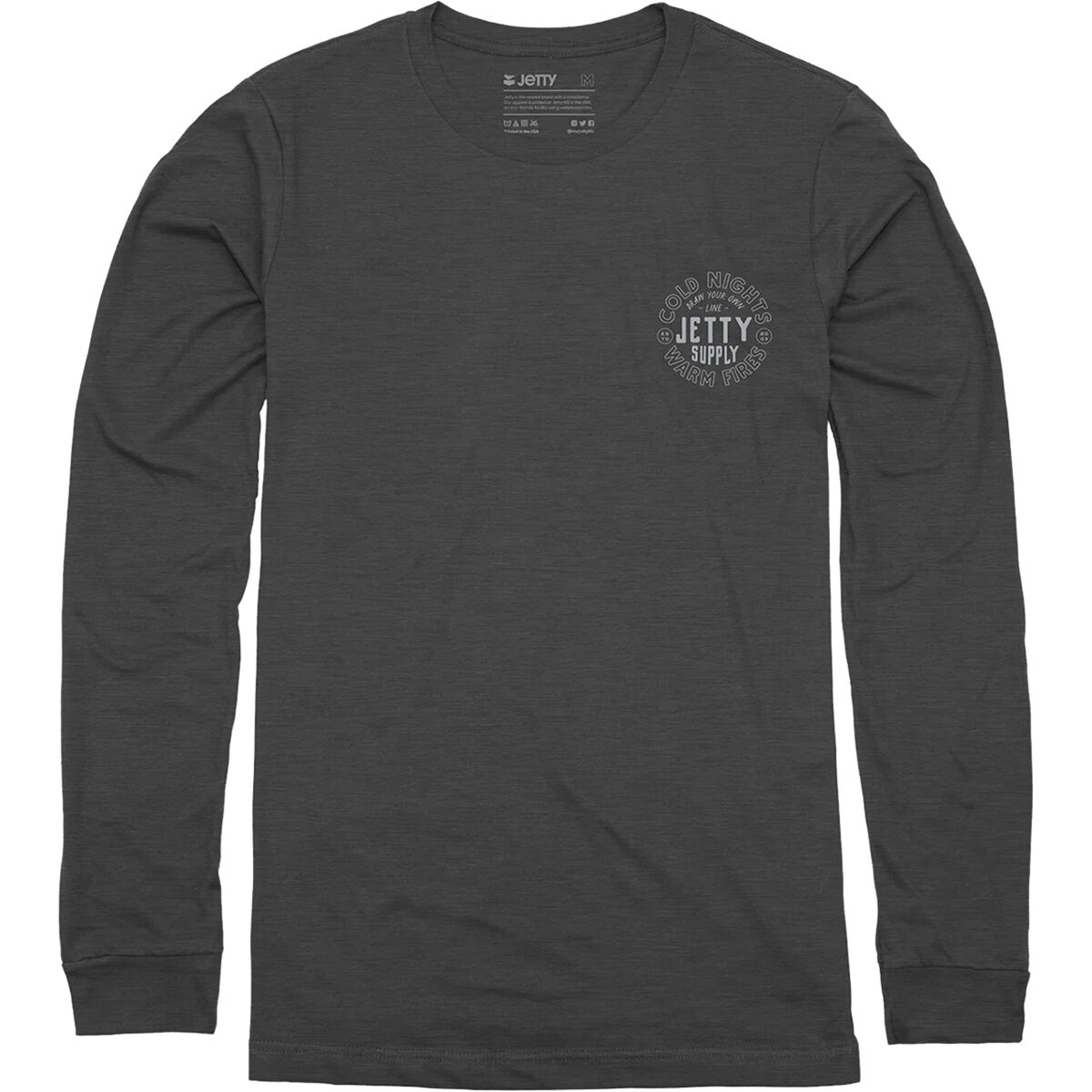 Dark gray long-sleeve Jetty t-shirt with custom Jetty graphic