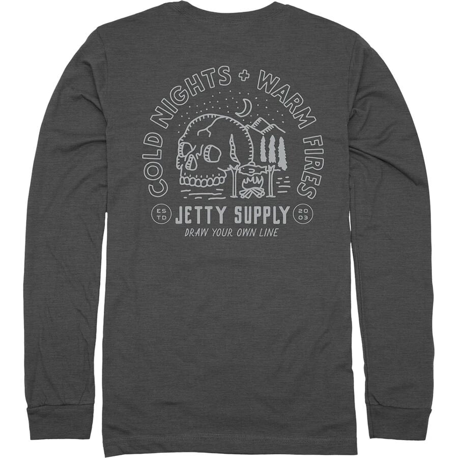 Dark gray long-sleeve Jetty t-shirt with custom Jetty graphic