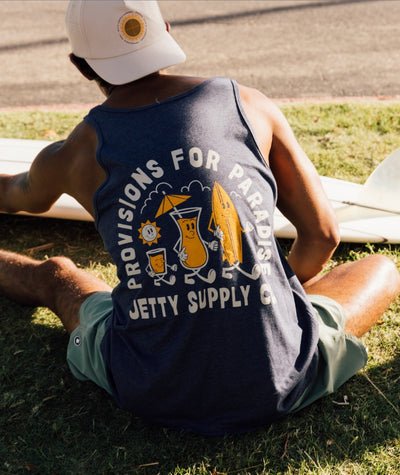 Jetty men's Paradise Pals tank on model.
