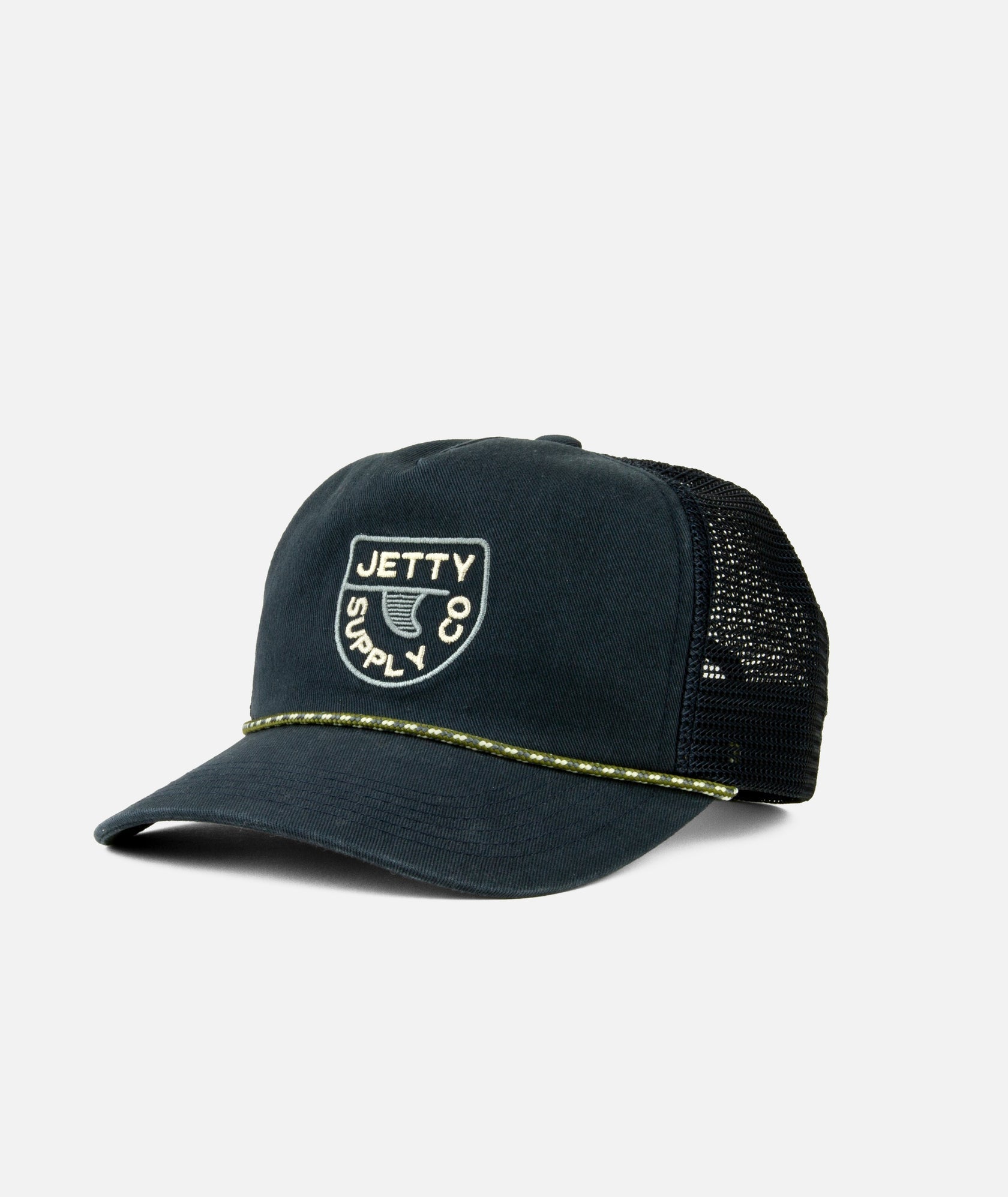 navy trucker cap with 'Jetty Supply Co' logo on a light gray background