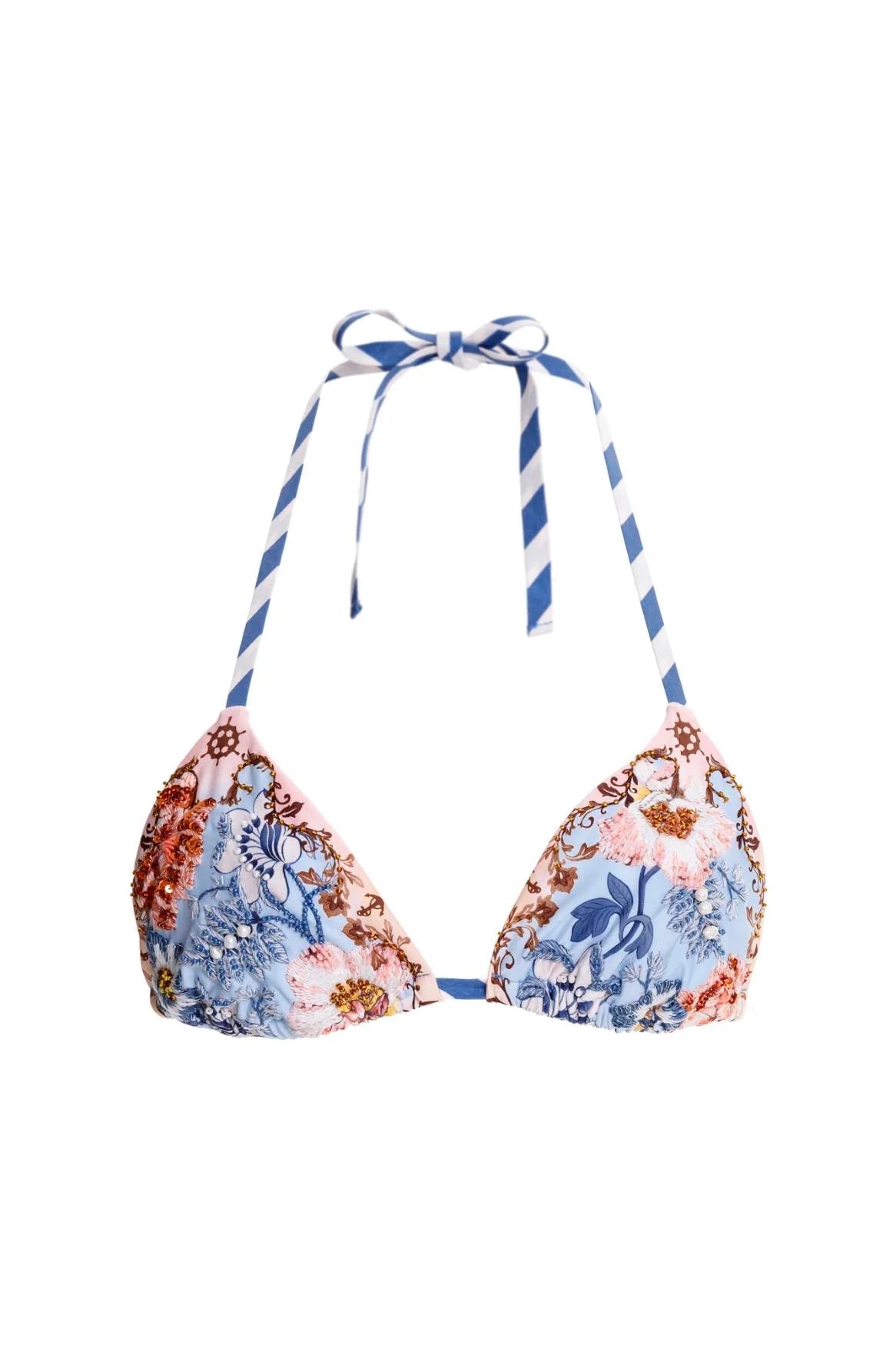 Flat lay of the Agua Bendita Kai Lolita bikini top, showcasing the intricate blue and orange hand-embroidered floral patterns and blue-and-white striped adjustable straps.