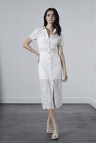Karina Grimaldi Loretta White Lace Midi Dress with pearl buttons
