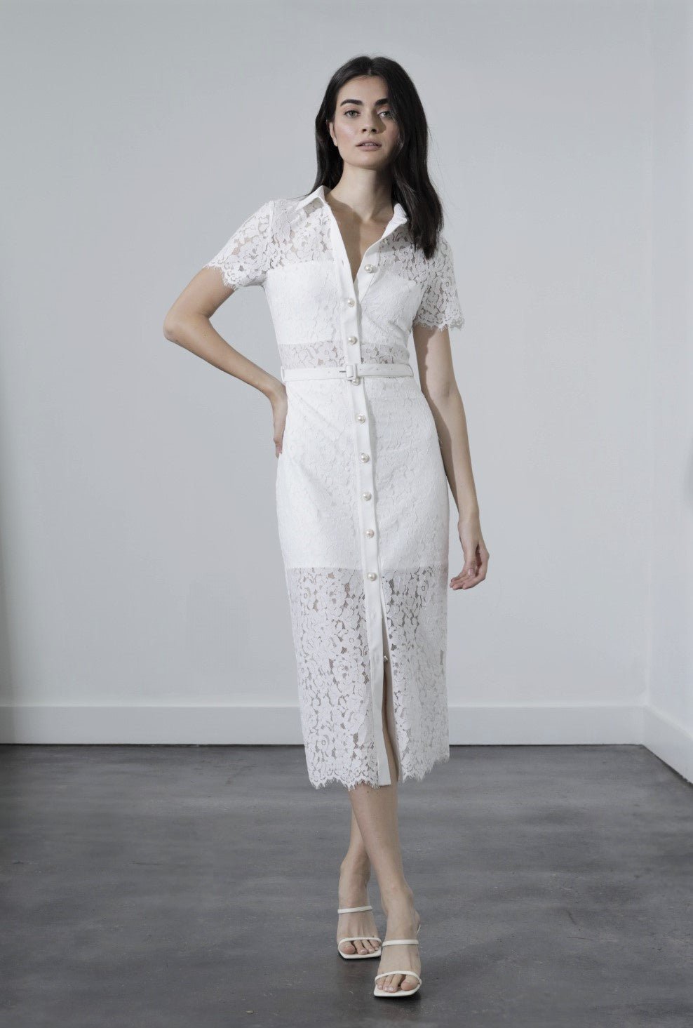 Karina Grimaldi Loretta White Lace Midi Dress with pearl buttons