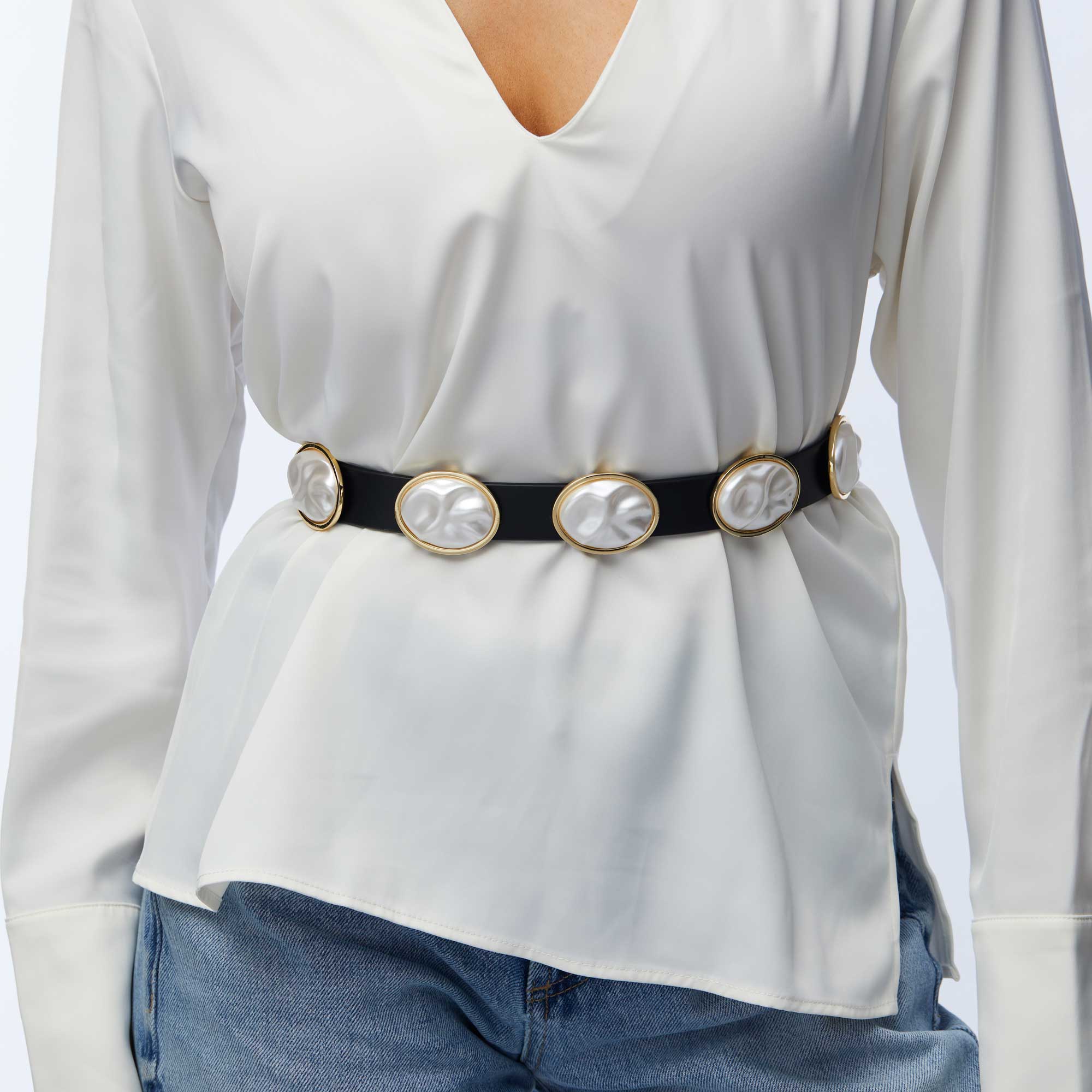 Lele Sadoughi Jet Oval Pearl Leather Belt - Endless Waves