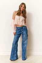 LoveShackFancy Ambrina Bow Print Wide Leg Jeans - Endless Waves