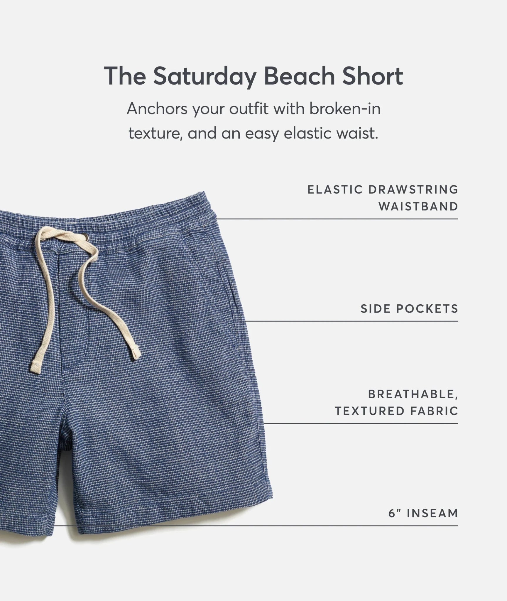 Blue beach shorts with text detailing features on a white background